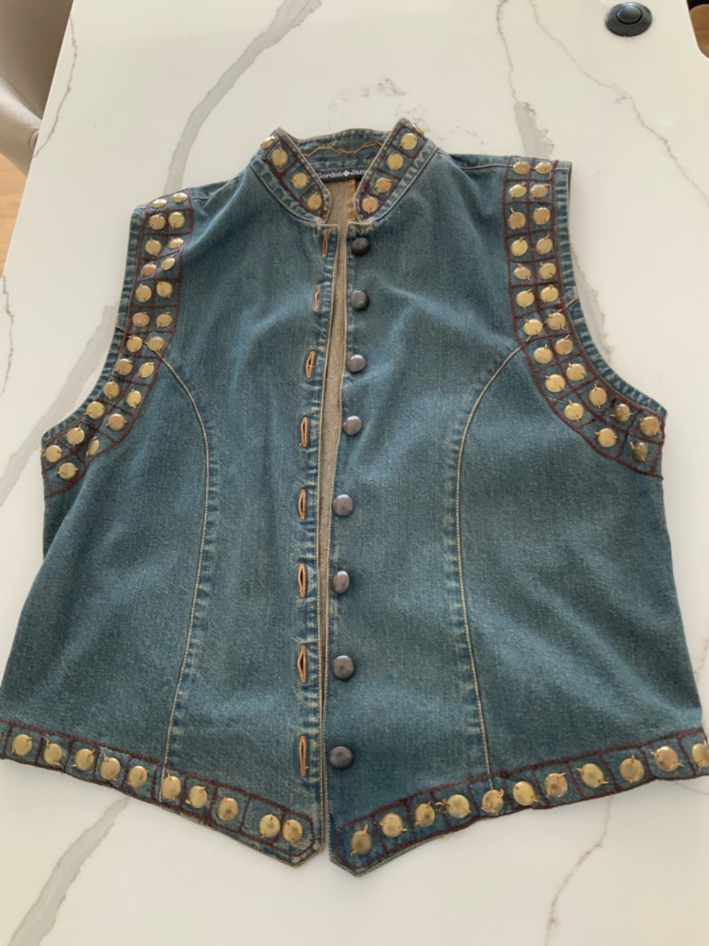Vtg Gordon James Denim Vest‎ L gold tone studs Embellishment Western Boho